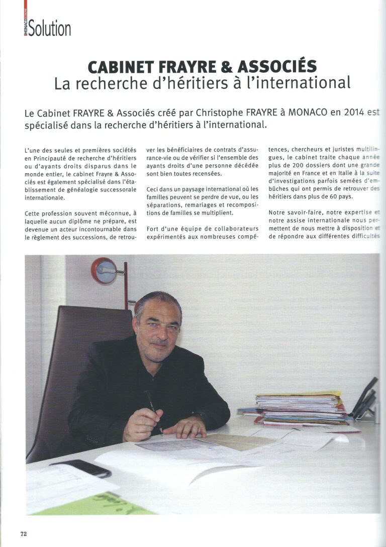 Cabinet Frayre dans Monaco Economie Magazine